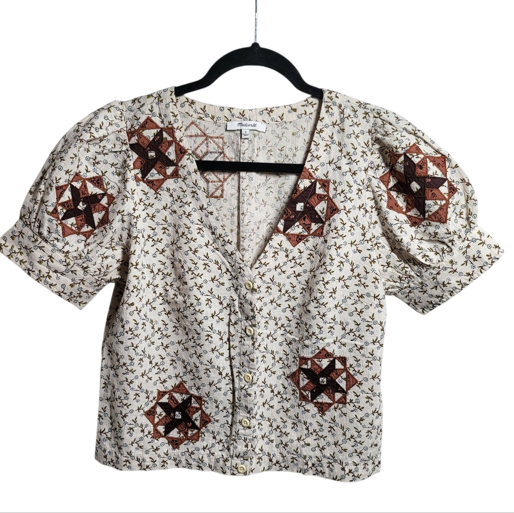 Madewell Quilted Patchwork Puff-Sleevecropped Top - image 3